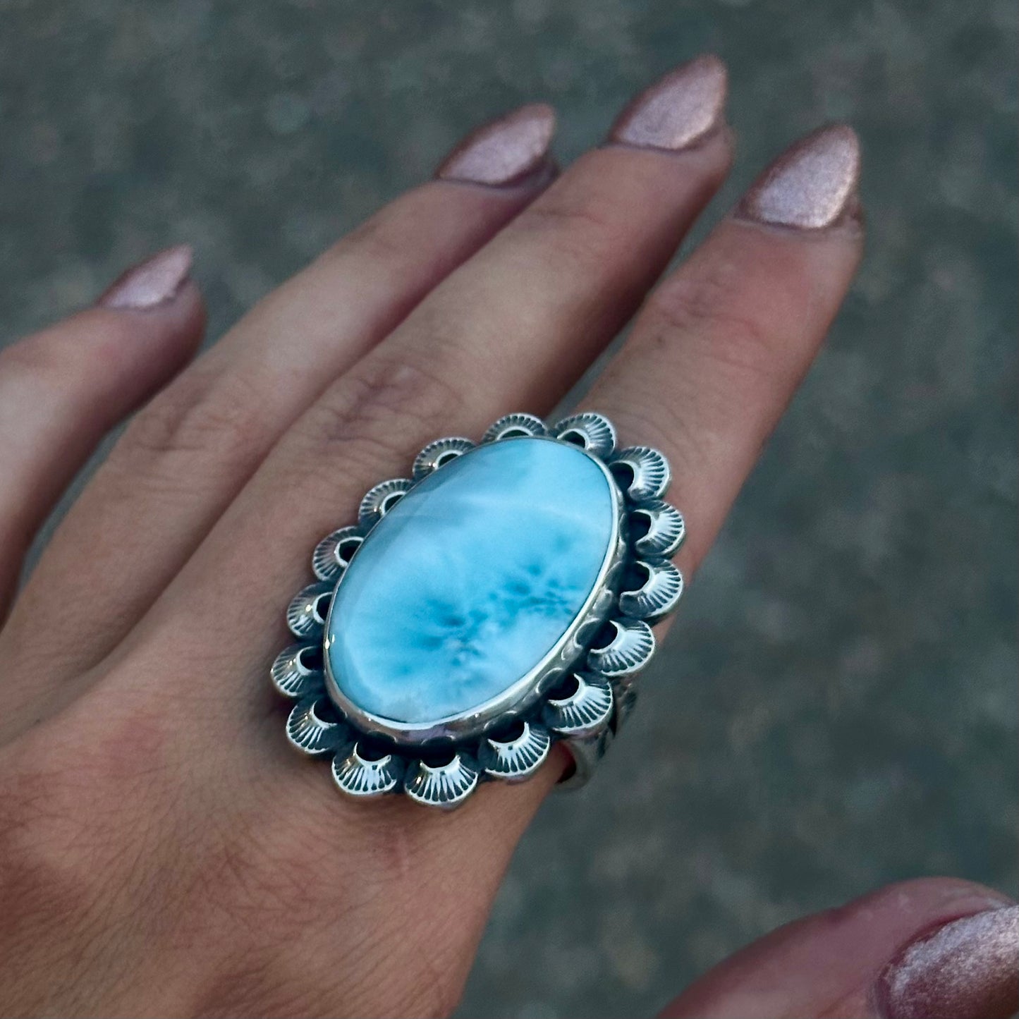 Larimar scalloped statement ring- size 8
