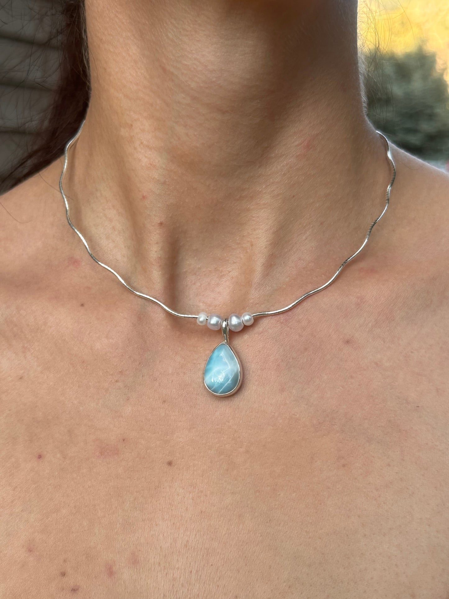 Larimar drop + pearl 16” wave necklace