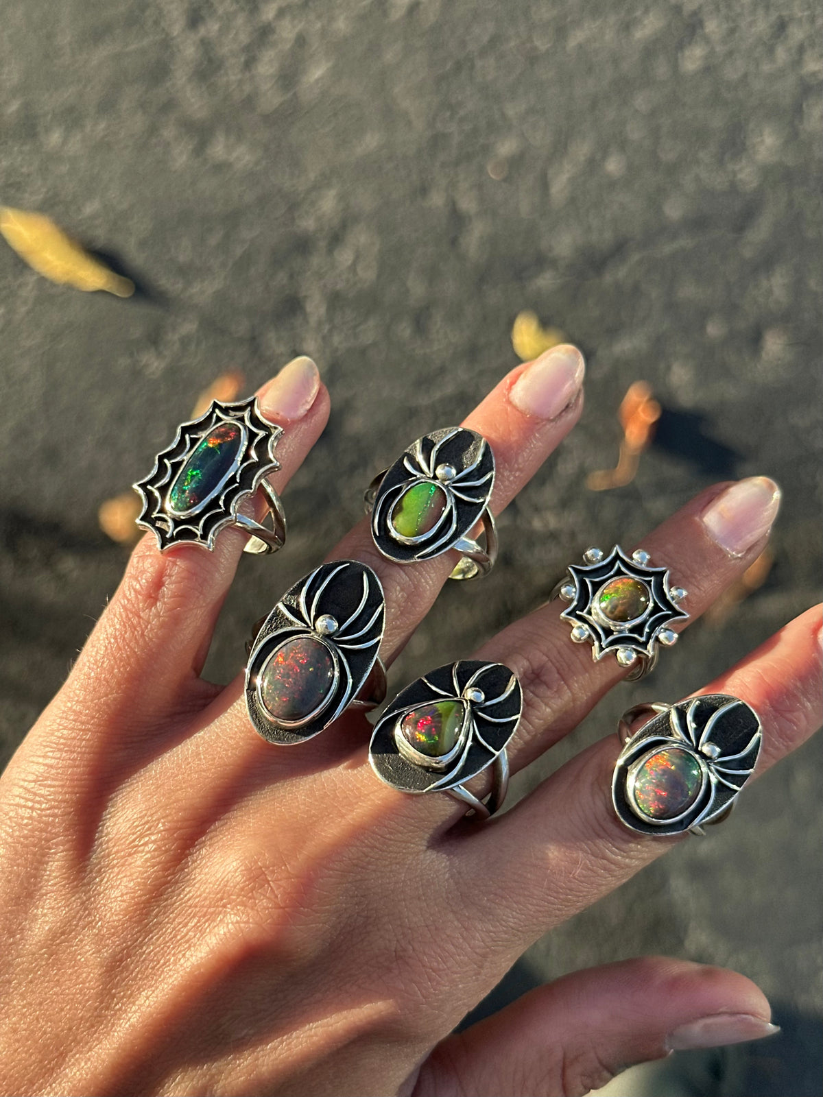 Black Opal spider ring- size 7.5