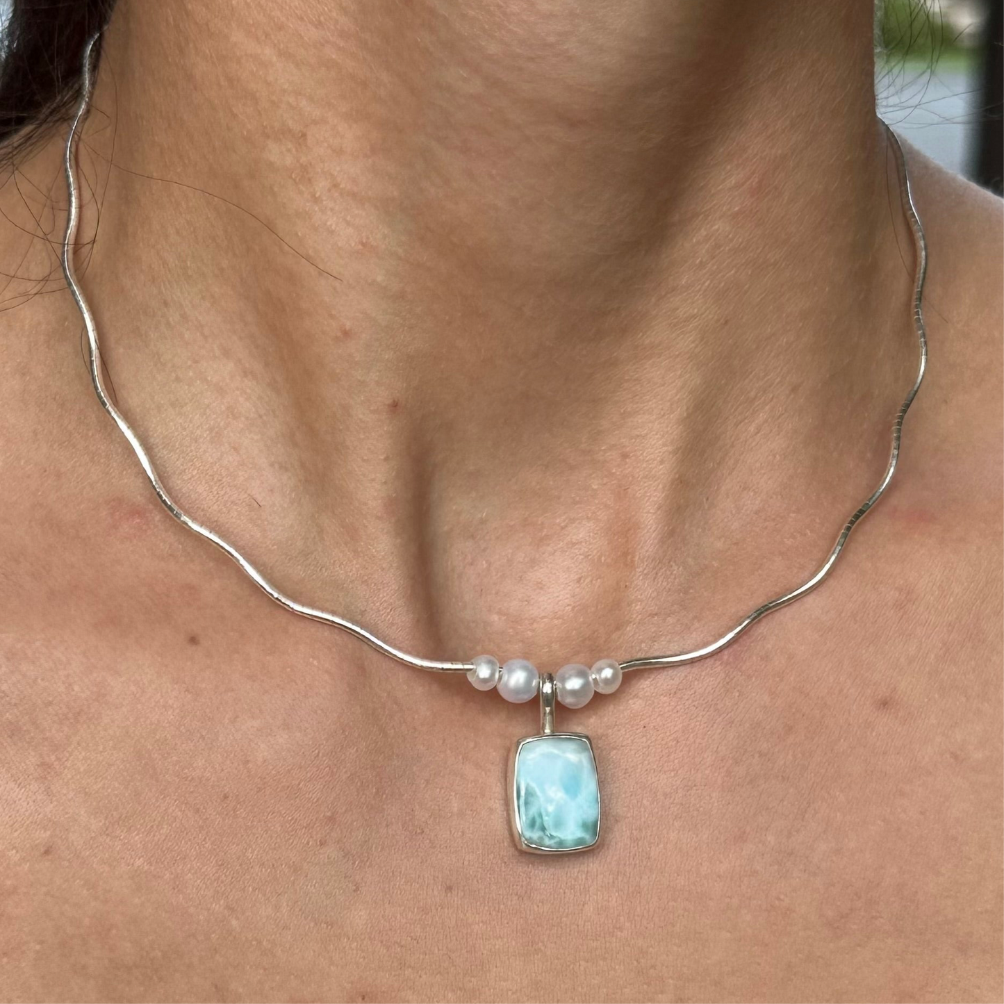 Larimar square + pearl 16” wave necklace