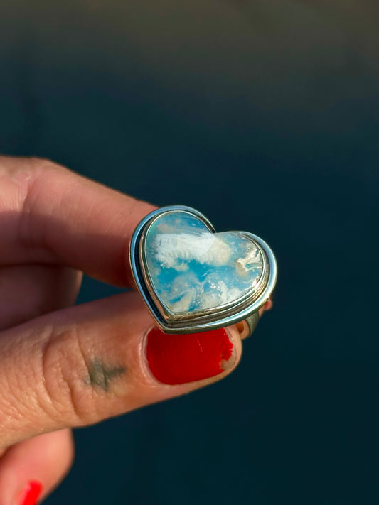 Atlas Heart White Plume Agate Ring- size 7.5