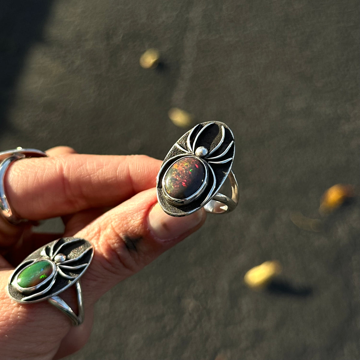 Black Opal spider ring- size 8