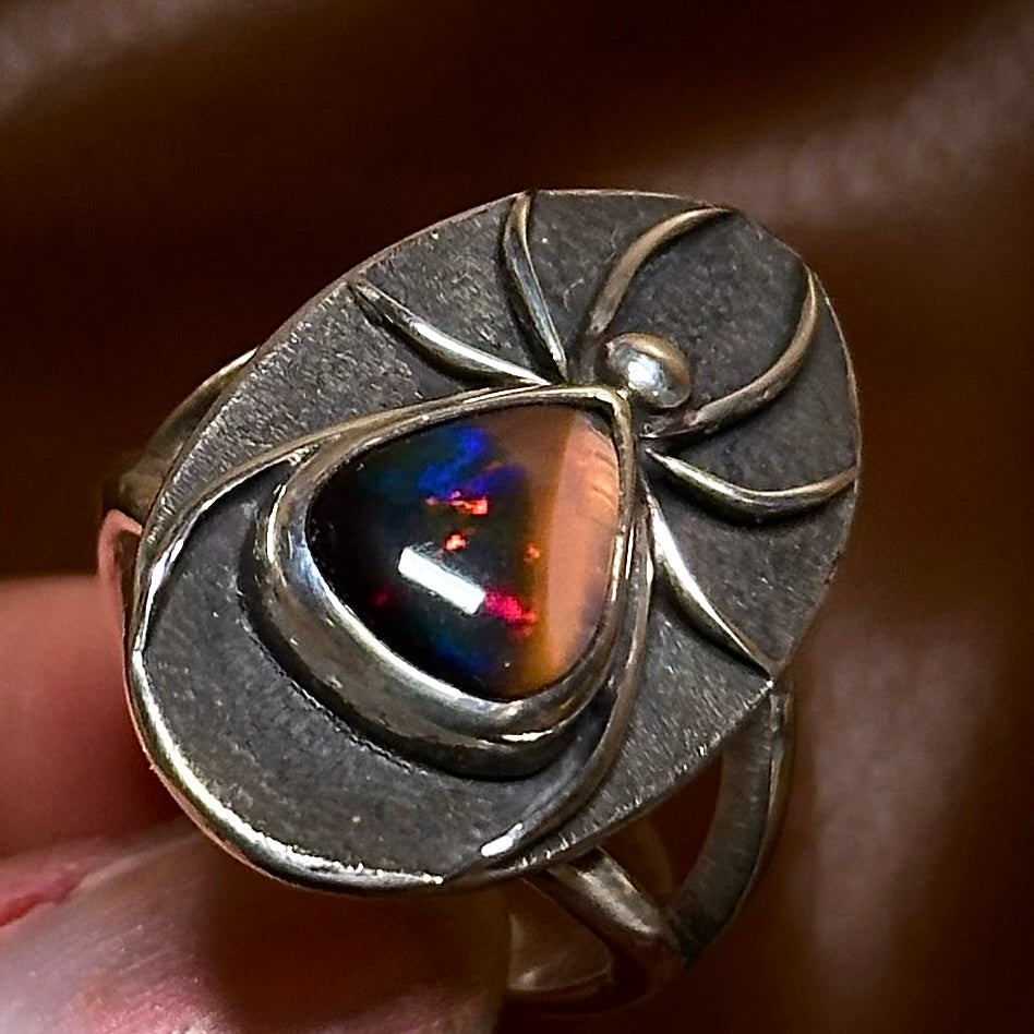 Black Opal spider ring- size 7.5