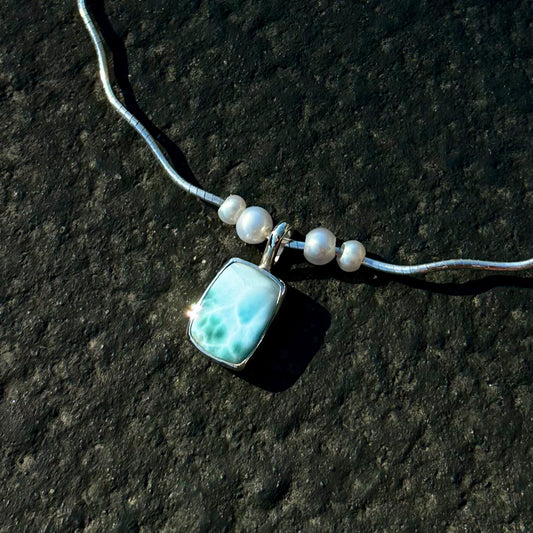 Larimar square + pearl 16” wave necklace