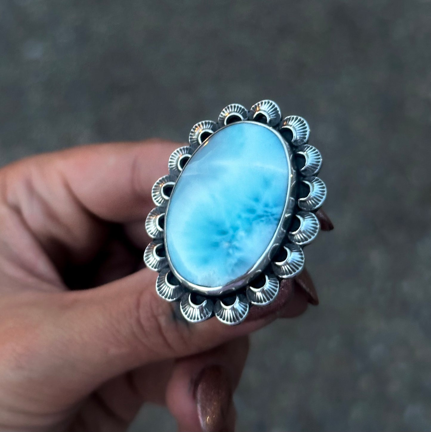 Larimar scalloped statement ring- size 8