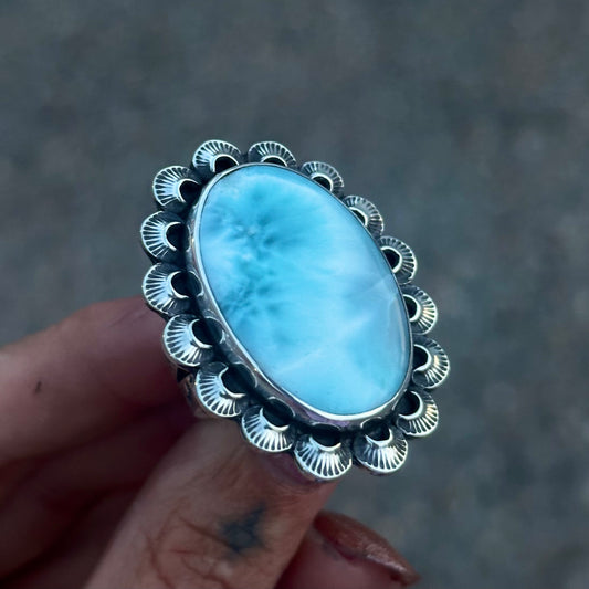 Larimar scalloped statement ring- size 8