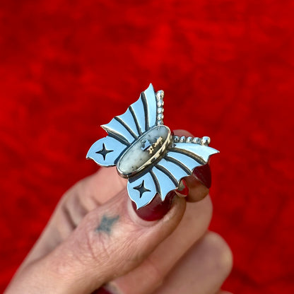 Snowflake Mohawkite Goth Moth ring- size 8.5