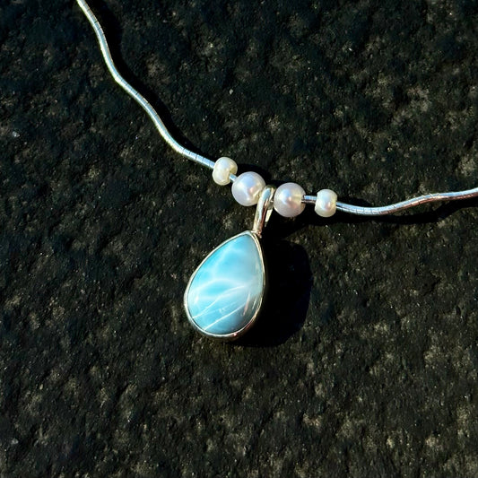 Larimar drop + pearl 16” wave necklace
