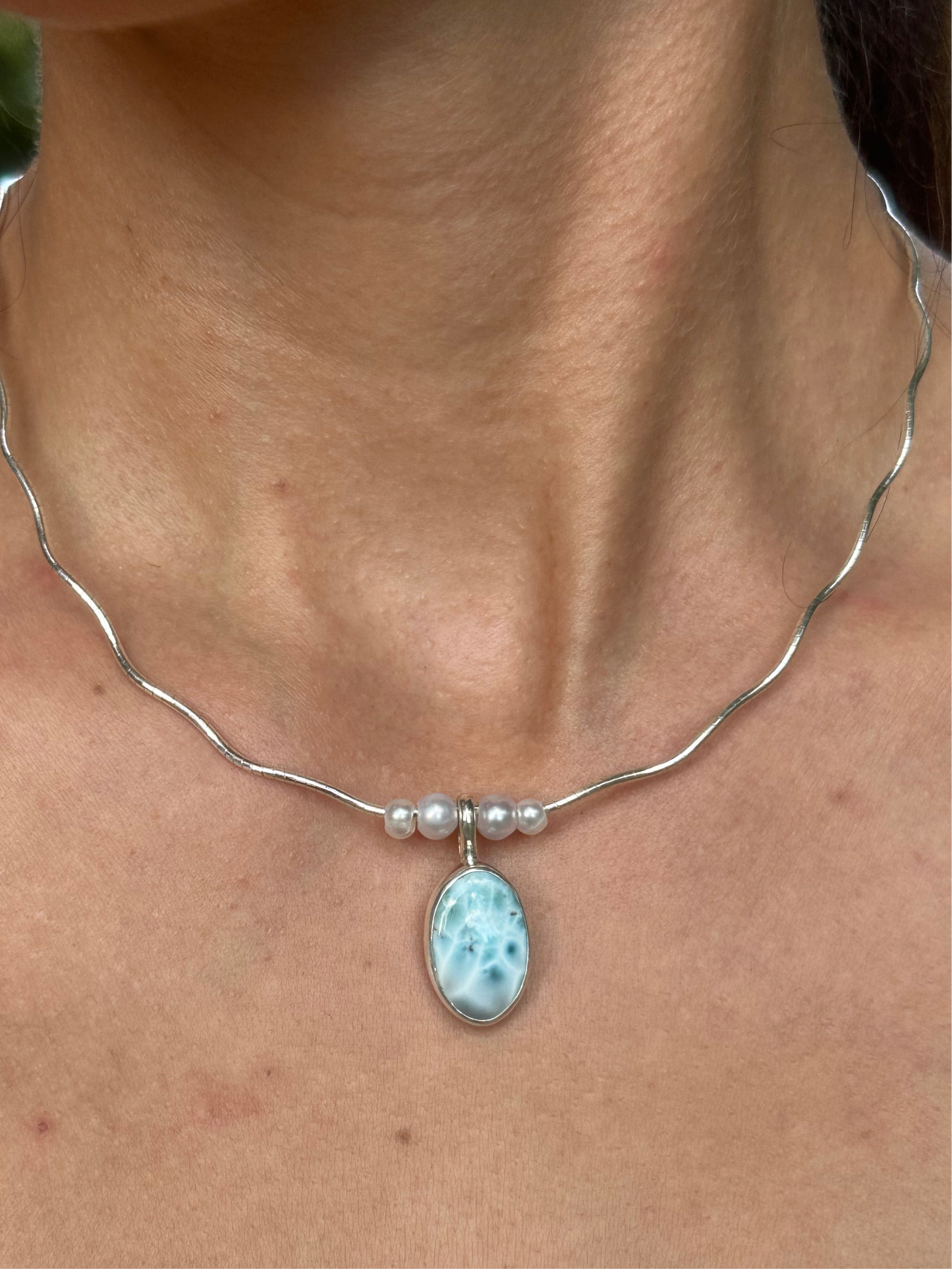Larimar + pearl 18” wave necklace