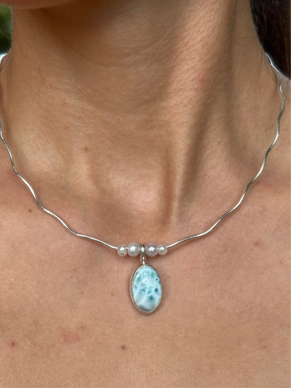 Larimar + pearl 18” wave necklace