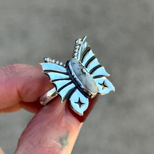 Snowflake Mohawkite Goth Moth ring- size 8.5