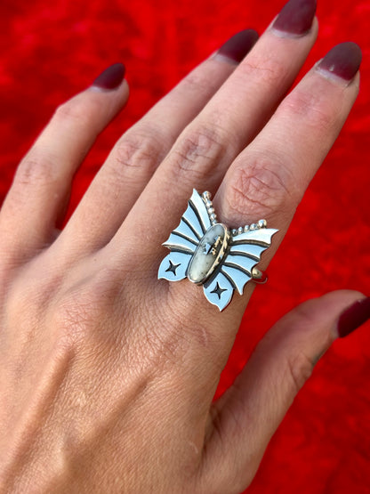 Snowflake Mohawkite Goth Moth ring- size 8.5