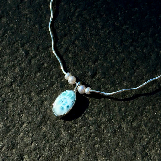 Larimar + pearl 18” wave necklace