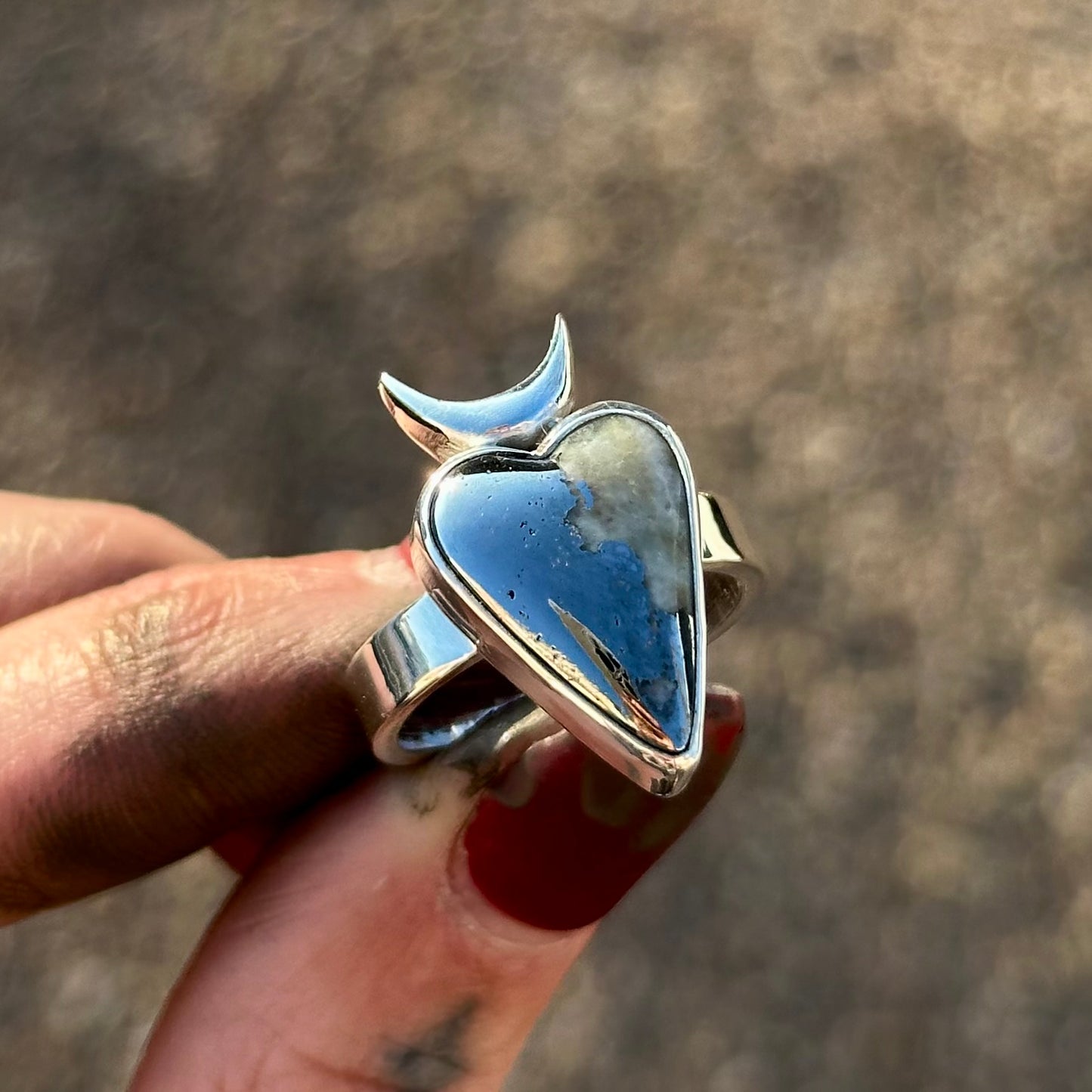 Mohawkite/Quartz Horned Heart ring- size 8