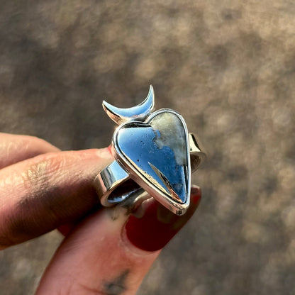Mohawkite/Quartz Horned Heart ring- size 8