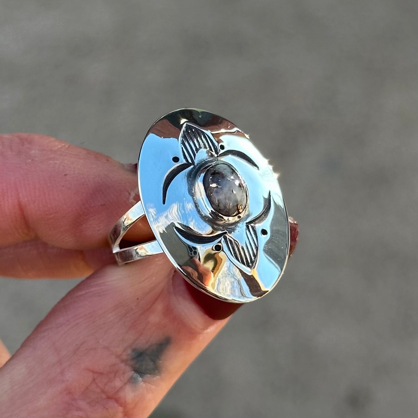 Snowflake Mohawkite Concho Shield ring- size 8