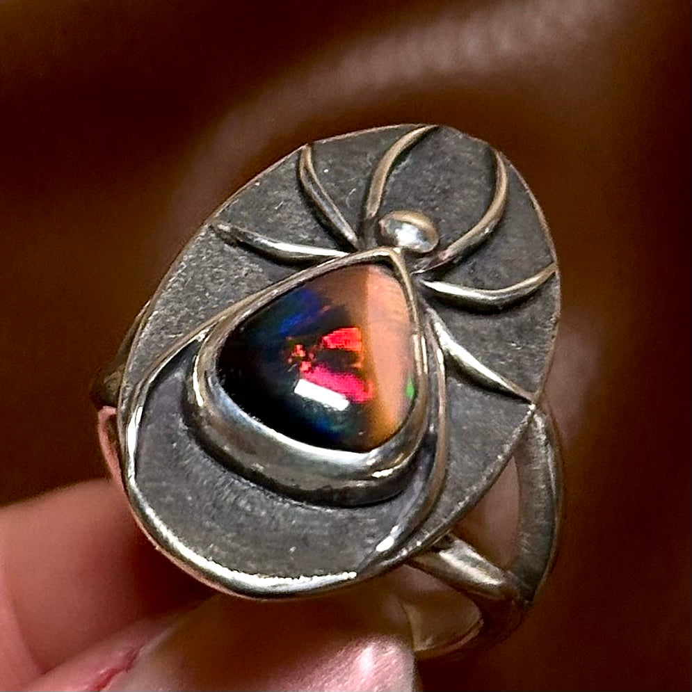 Black Opal spider ring- size 7.5