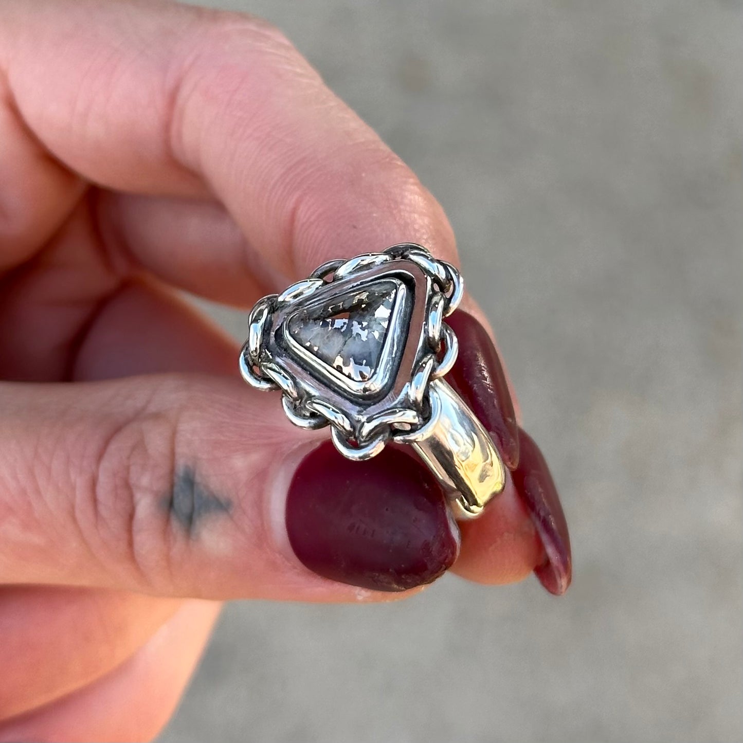 Chained Snowflake Mohawkite ring- size 7