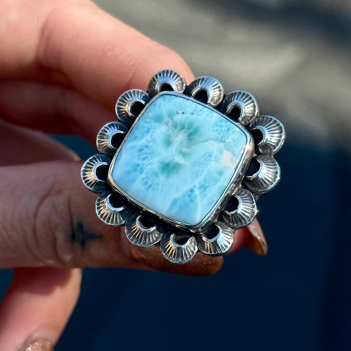Larimar scalloped statement ring- size 7.5