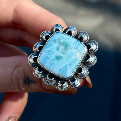 Larimar scalloped statement ring- size 7.5