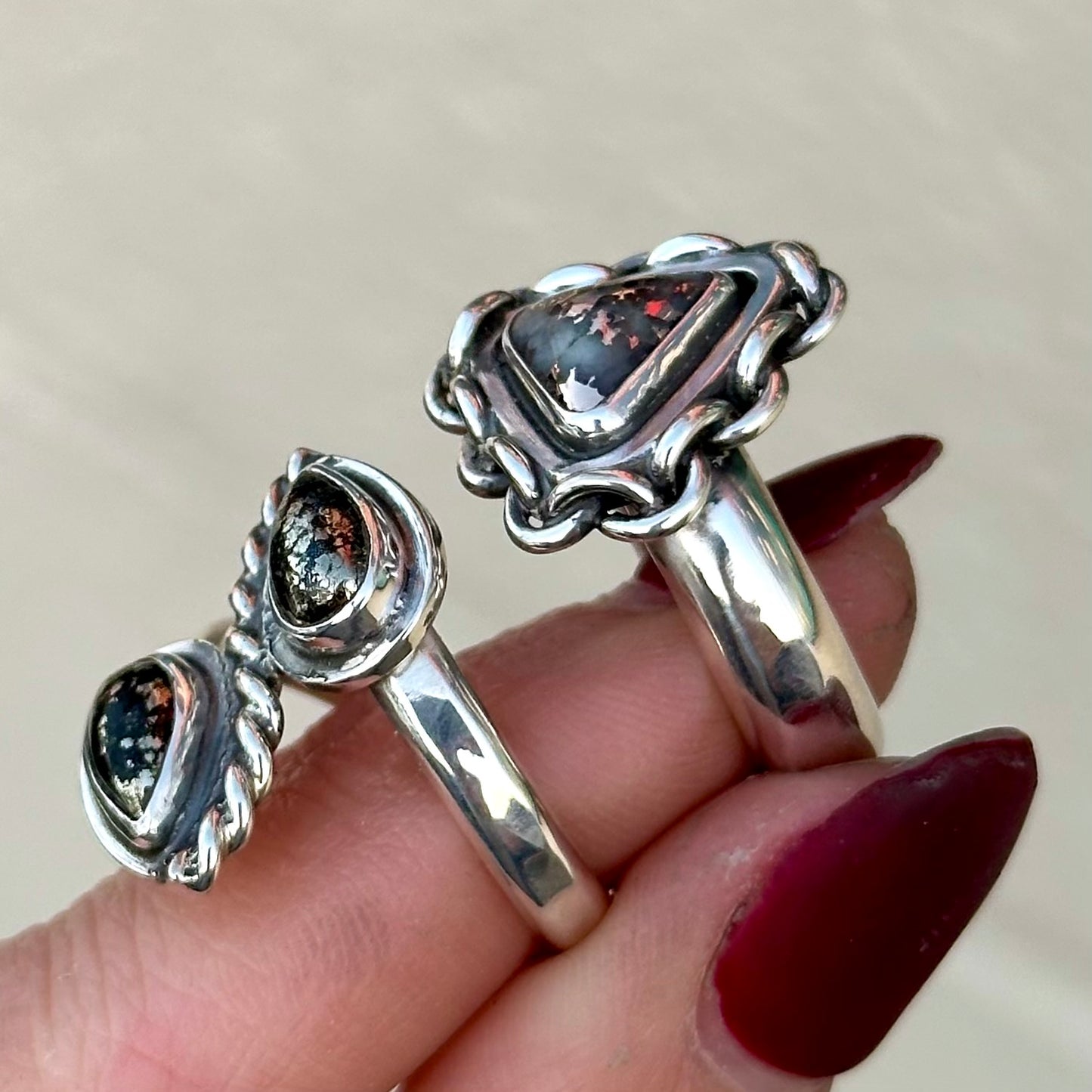 Chained Snowflake Mohawkite ring- size 7