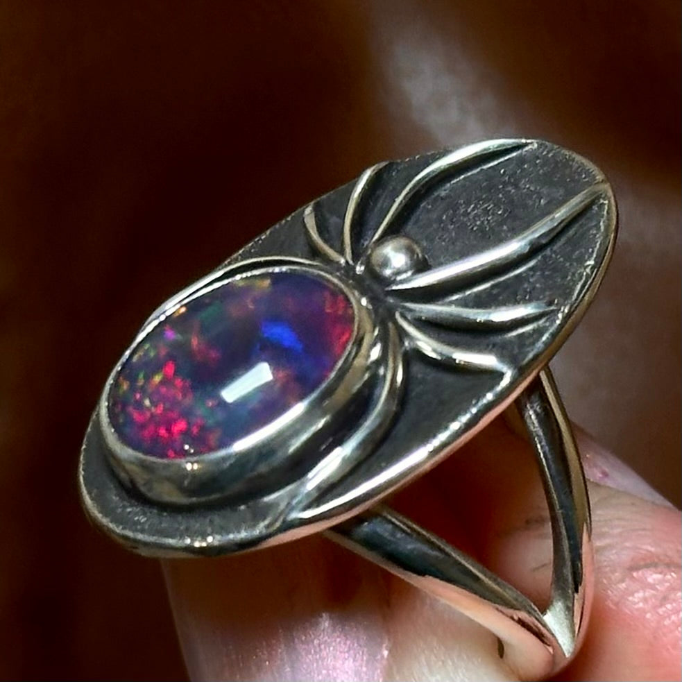 Black Opal spider ring- size 6.5
