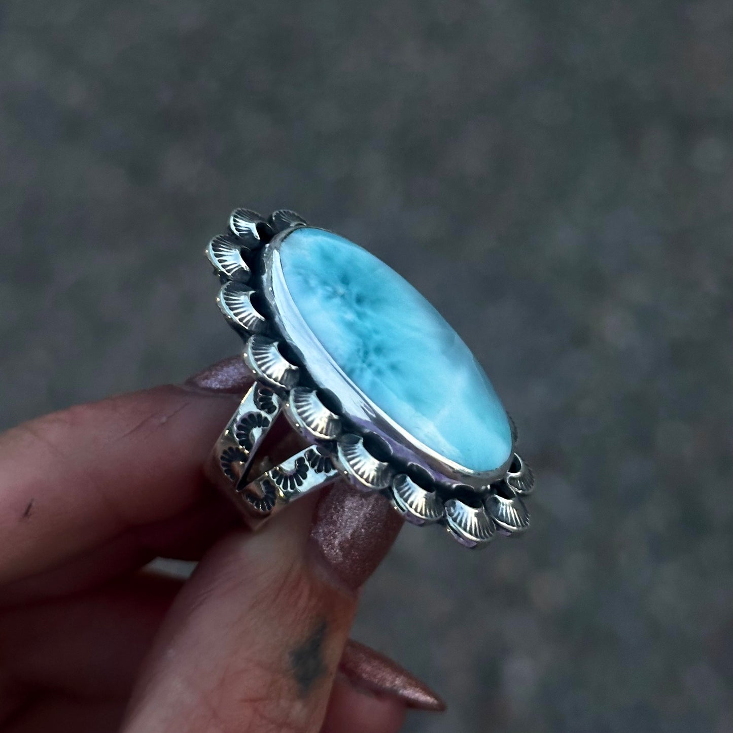 Larimar scalloped statement ring- size 8