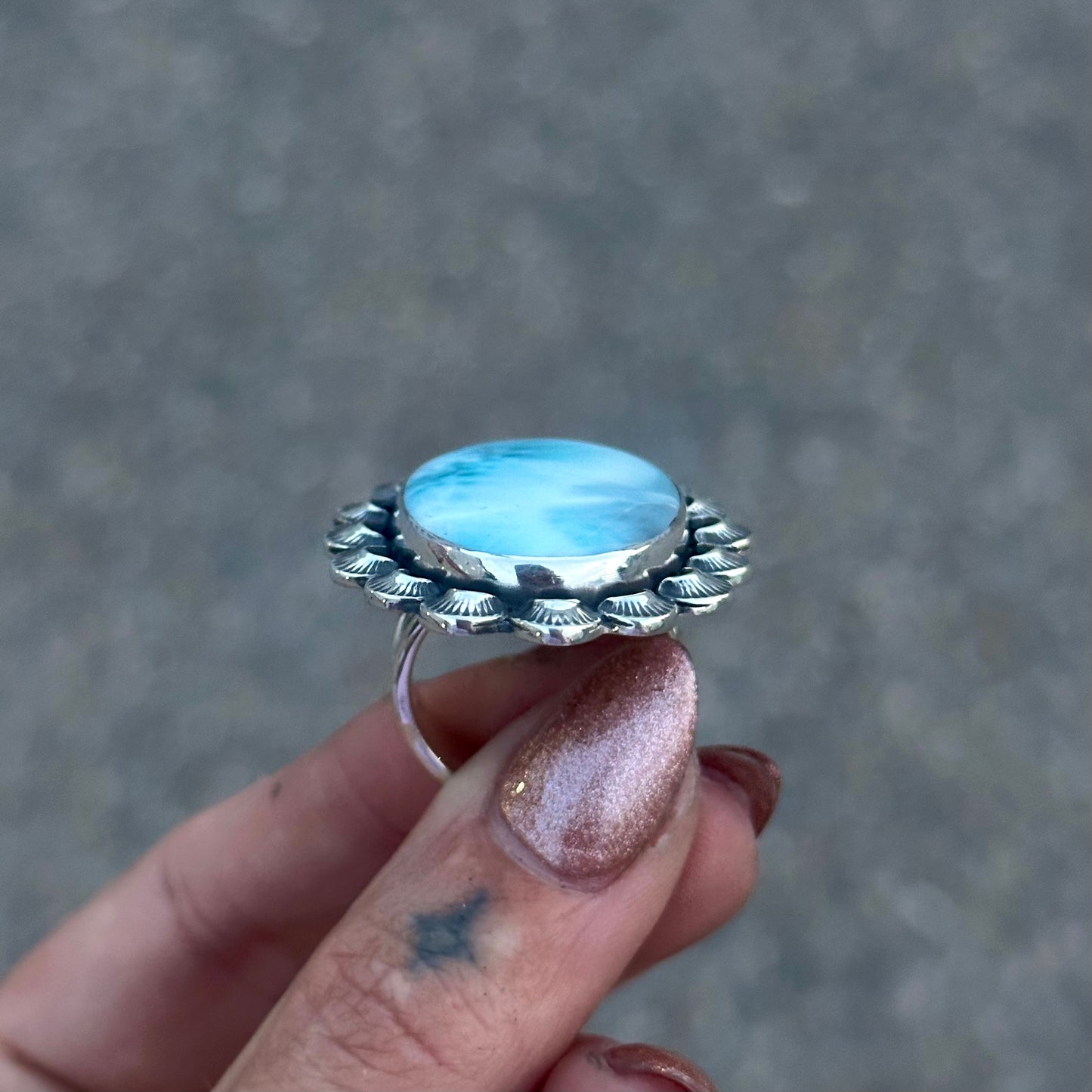 Larimar scalloped statement ring- size 8