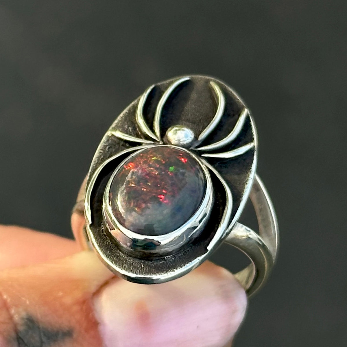 Black Opal spider ring- size 8