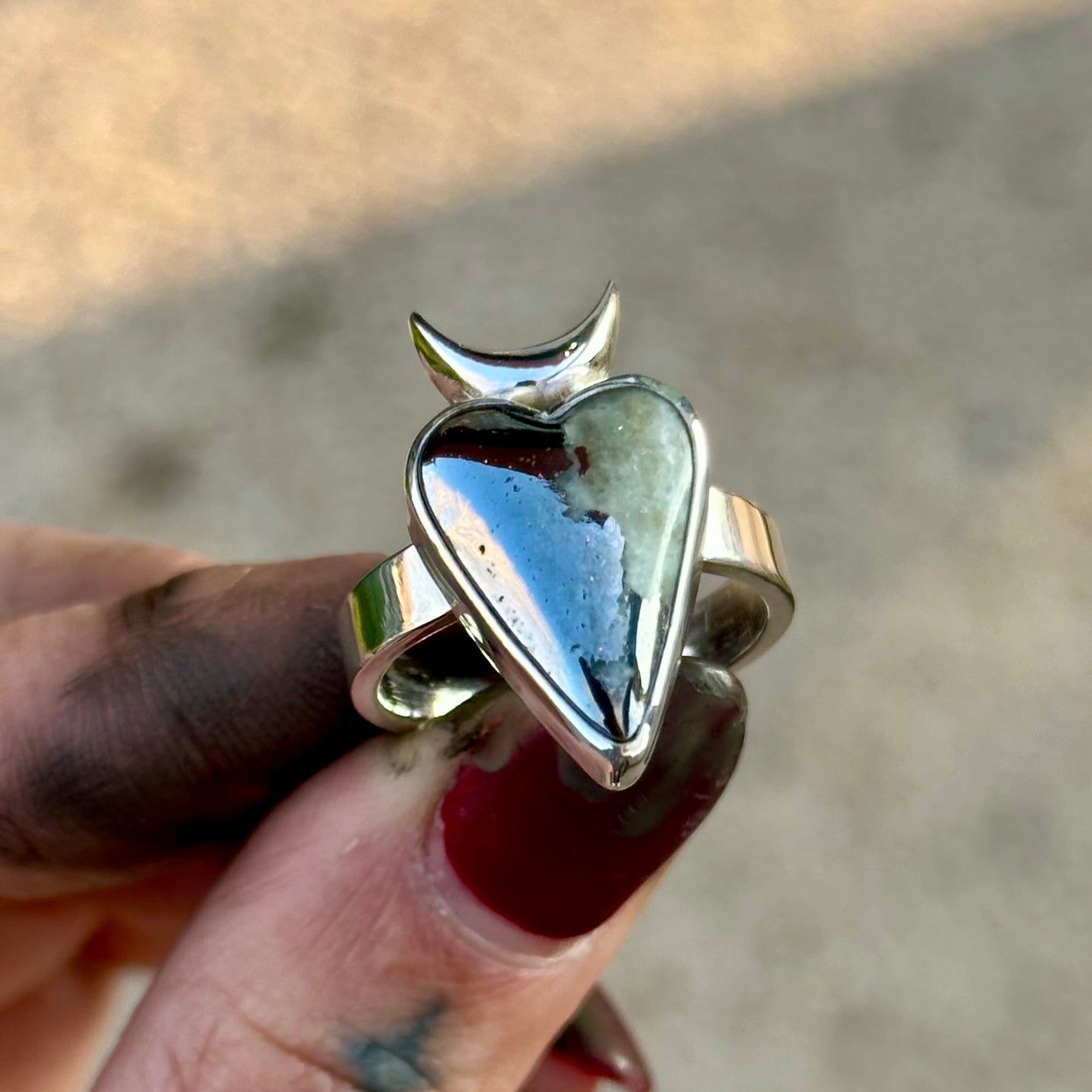 Mohawkite/Quartz Horned Heart ring- size 8