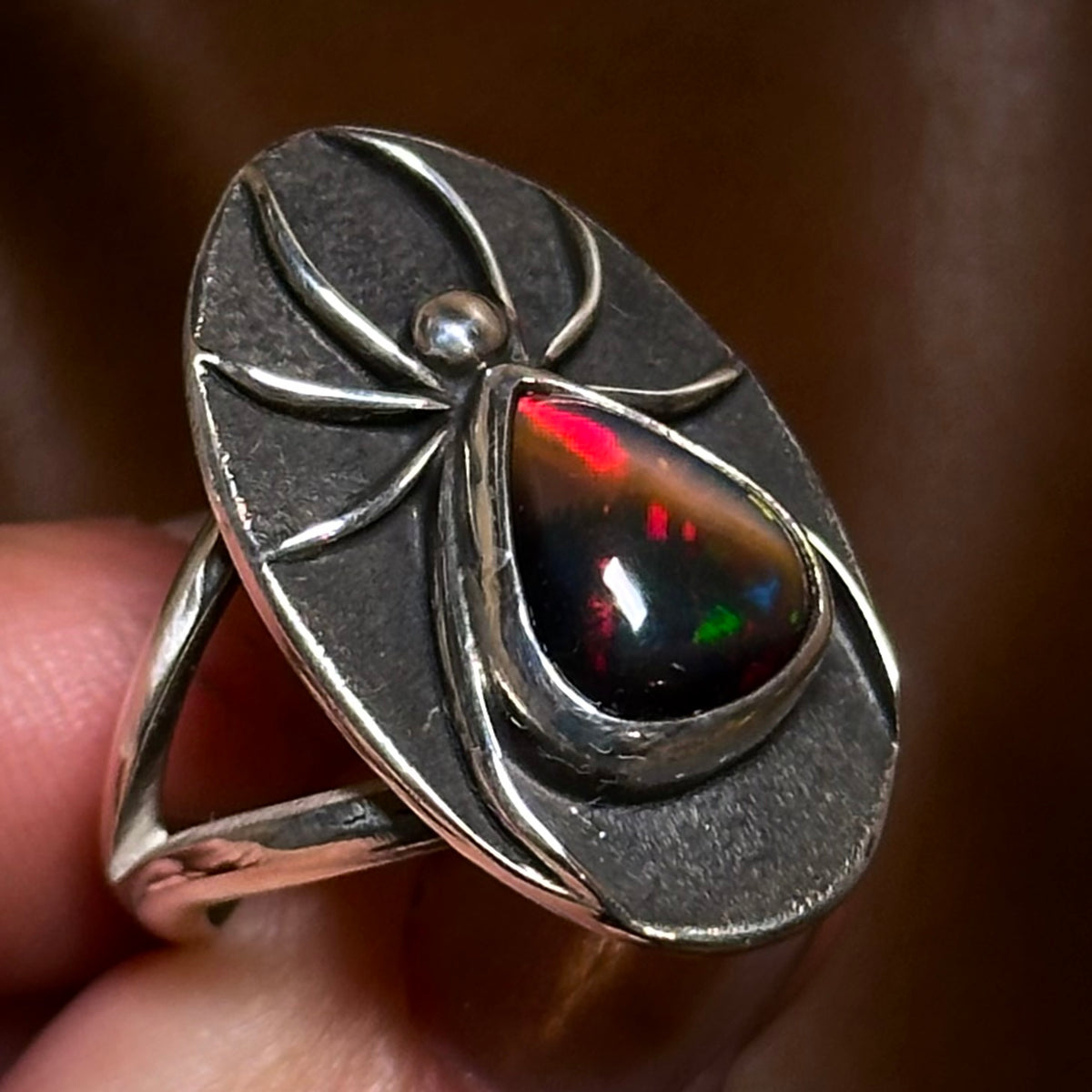 Black Opal spider ring- size 7.5