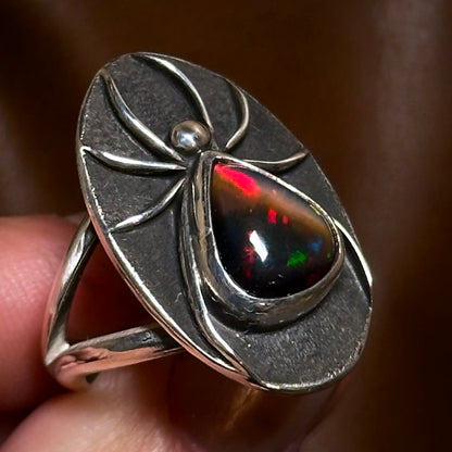 Black Opal spider ring- size 7.5