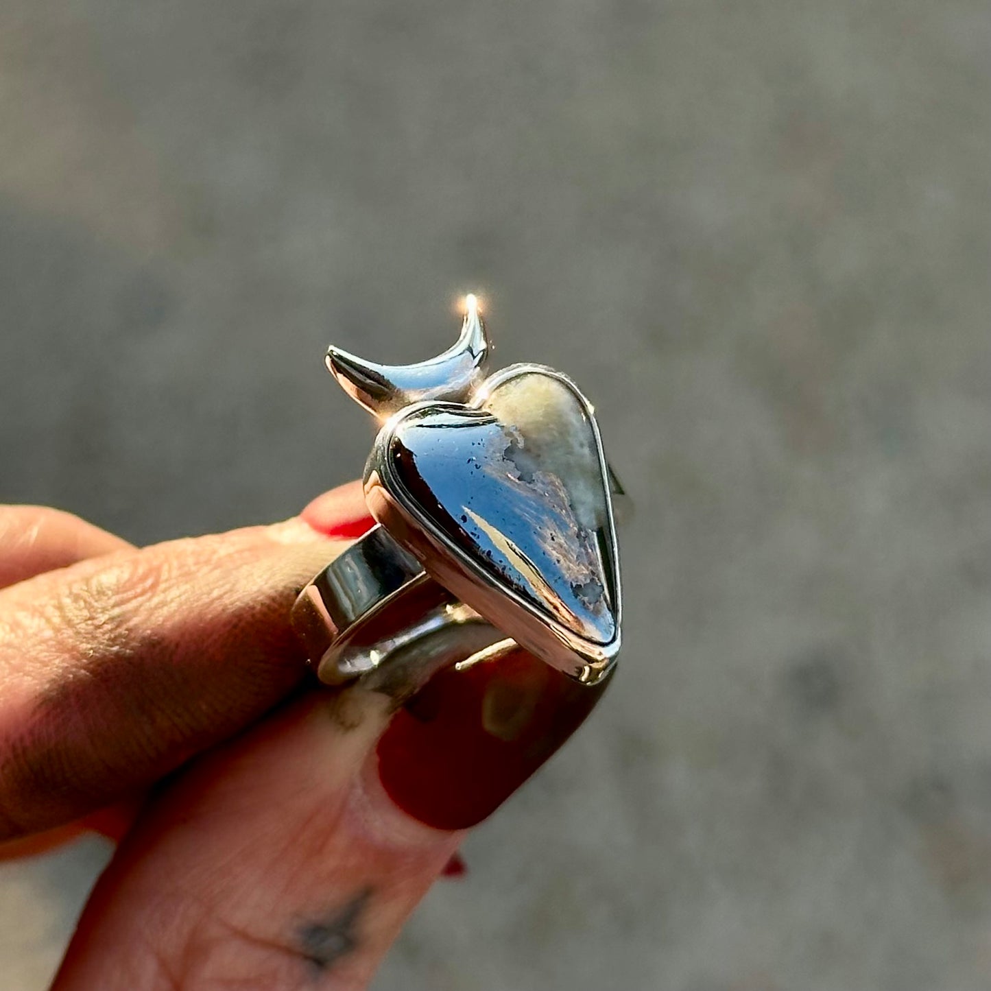 Mohawkite/Quartz Horned Heart ring- size 8